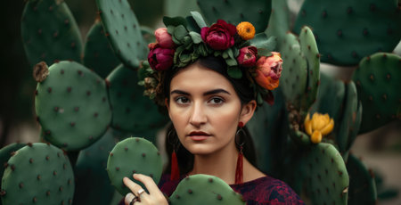 Portrait of a woman with prickly pear flower wreath on her head and holding a fruit in her handの素材