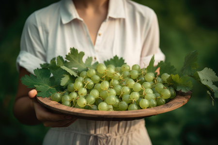 Radiant Woman Holding a Platter of Fresh Gooseberries with Green Leavesの素材
