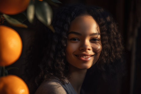 Radiant Tangerine-Infused Portrait of a Woman with Glowing Skin and a Warm Smileの素材