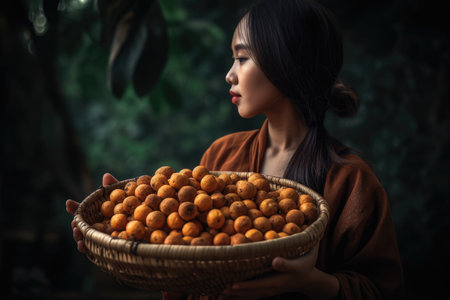 Stunning portrait of a woman holding a basket of freshly picked longans, emphasizing the fruit's significance in traditional Asian cuisineの素材