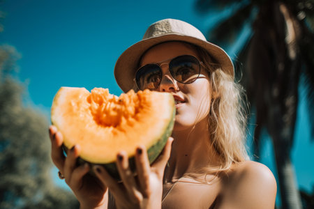 Vibrant portrait of a woman holding a sliced cantaloupe, with a tropical backdrop of palm trees and bright blue skyの素材
