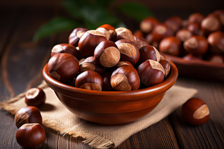 A Warm and Inviting Bowl of Roasted Chestnuts, Perfectly Browned and Cracked Open, Sitting on a Rustic Wooden Table Amidst Christmas Decorationsの素材