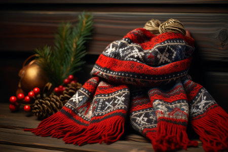 A beautifully knitted winter scarf in festive colors hanging on a rustic wooden hook, evoking the warmth and coziness of Christmasの素材
