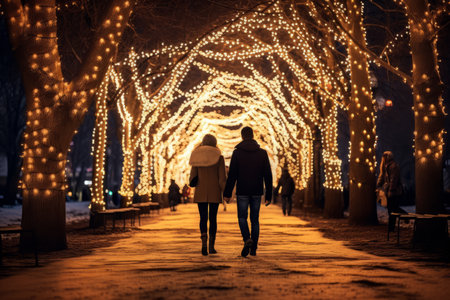 A Romantic New Year's Eve: A Couple Engrossed in a Quiet Stroll Under the Twinkling Lights of a Beautifully Illuminated Parkの素材