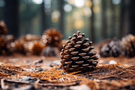 A detailed close-up of a pinecone resting on the forest floor, surrounded by fallen leaves and moss, capturing the essence of winterの素材