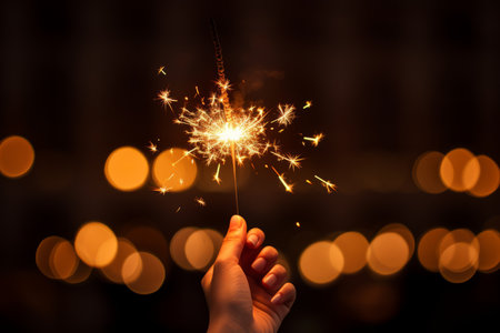 A detailed close-up capturing the moment a hand ignites a sparkler, illuminating the darkness and bringing joy to the New Year's Eve celebrationの素材