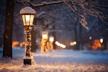An enchanting snowy lamppost adorned with twinkling Christmas lights and wreath, casting a warm glow on the pristine snow beneathの素材