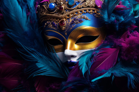 A close-up view of the intricate bristles of a vibrant feathered party mask, symbolizing celebration and mystery in the New Year's Eveの素材
