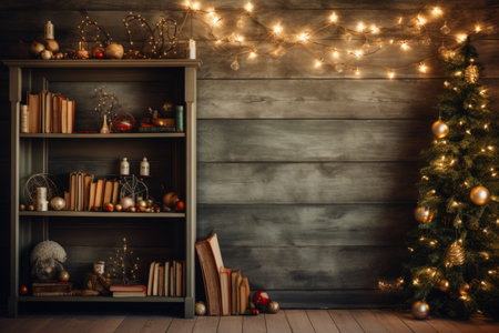 A Festive Holiday-Themed Bookshelf Decorated with Christmas Ornaments, Fairy Lights, and Seasonal Booksの素材