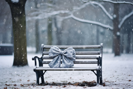 A solitary bench dusted with fresh snow, a forgotten Christmas gift wrapped in festive paper left behind in the quiet winter parkの素材