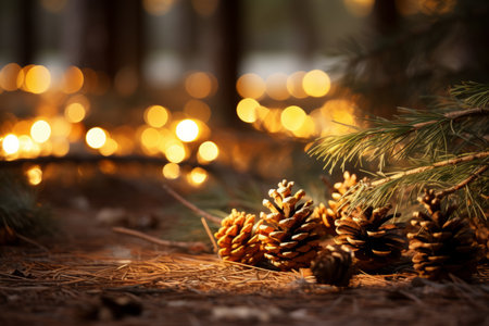 A Close-Up View of Pine Tree Needles Scattered on a Wooden Floor, Illuminated by the Warm Glow of Christmas Lightsの素材