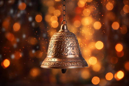 A close-up shot of an intricately designed handle of a New Year's Eve bell, shimmering in the soft glow of festive lightsの素材