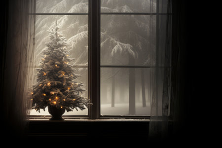 A Majestic Silhouette of a Christmas Tree Against a Frosted Window, Illuminated by the Soft Glow of Winter's Dawnの素材