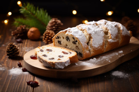 Traditional German Christmas Stollen beautifully decorated with powdered sugar, dried fruits, and nuts on a rustic wooden tableの素材