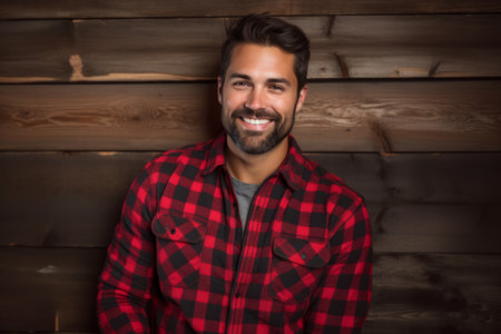 A bearded man in a red-green plaid shirt, cheerfully posing in front of a rustic wooden backdrop, radiating the warmth and joy of the Christmas seasonの素材
