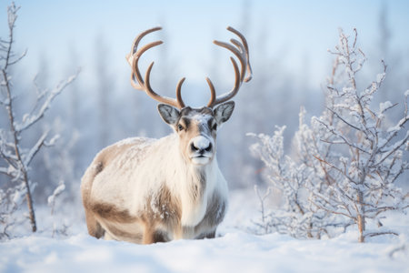 A Majestic Reindeer in the Wild, Gracefully Enjoying a Crunchy Carrot Amidst the Snowy Landscape of the Arctic Tundraの素材