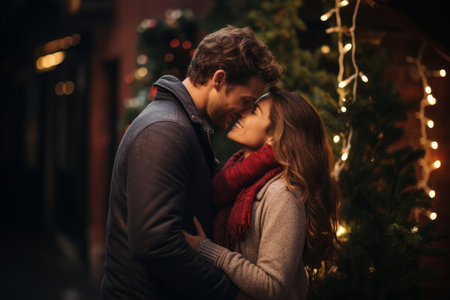 A Loving Couple Sharing a Sweet Kiss Under a Mistletoe, Against a Warm Brick Backdrop Illuminated by Twinkling Fairy Lightsの素材