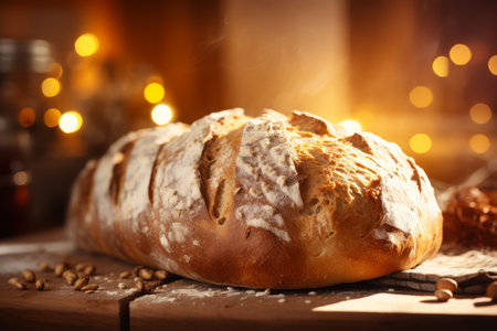 A Warm, Inviting Scene of Freshly Baked Holiday Bread Cooling on a Wire Rack, Illuminated by the Soft Glow of Christmas Lightsの素材