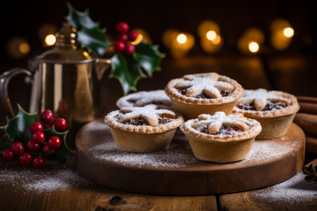 A festive scene of freshly baked mince pies cooling on a rustic rack, dusted with powdered sugar and surrounded by Christmas decorationsの素材
