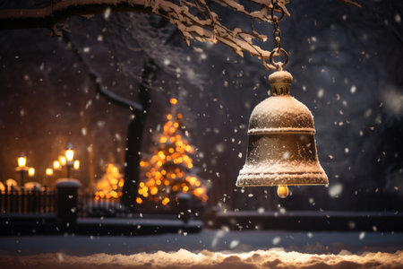 A Majestic Church Bell, Covered in a Delicate Layer of Fresh Snow, Glistening Under the Soft Glow of Christmas Lightsの素材