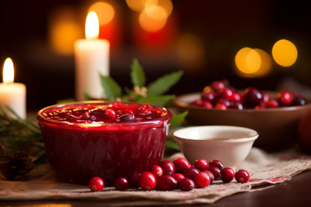 A Bowl of Vibrant Red Cranberry Sauce Nestled Amongst Festive Decorations on a Christmas Table, Illuminated by Warm Candlelightの素材
