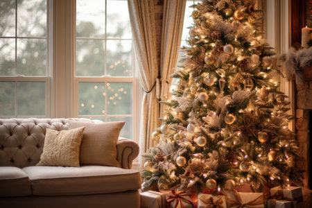 A beautifully decorated Christmas tree with a radiant star-shaped lighting tree topper, spreading warmth and holiday cheer in a cozy living roomの素材