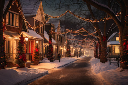 A charming small town's main street beautifully adorned with twinkling Christmas garlands, creating a festive and welcoming atmosphereの素材