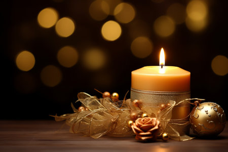 A single candle burning brightly amidst the enveloping darkness, casting a warm and inviting glow on the surrounding Christmas decorationsの素材