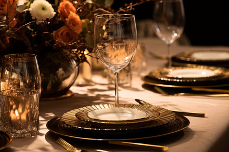 A detailed close-up showcasing the elegance and festivity of decorative table settings prepared for a New Year's Eve dinner celebrationの素材