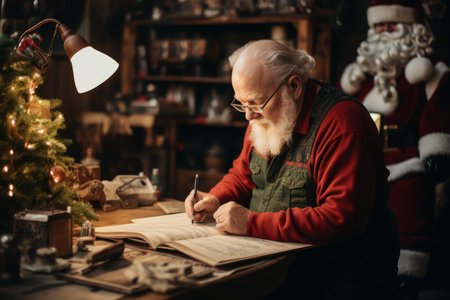 A heartwarming scene of an elderly gentleman engrossed in reading a Christmas list, surrounded by a vintage wooden setup in a cozy Christmas studioの素材