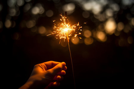 A Close-Up View of a Hand Grasping a Brightly Lit Sparkler, Illuminating the Dark Night Sky as New Year's Eve Celebrations Beginの素材