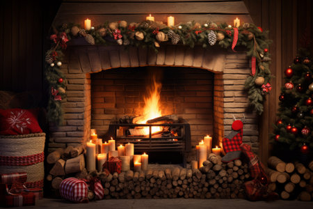 A Cozy Christmas Scene with a Log Pile Ready for the Fireplace, Surrounded by Festive Decorations and Illuminated by Warm Candlelightの素材