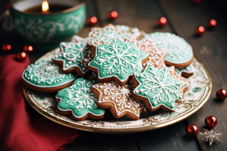 An assortment of beautifully decorated Christmas cookies, showing intricate icing designs and festive shapes, arranged on a rustic wooden tableの素材