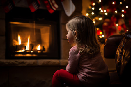 A young child, filled with Christmas spirit, eagerly peering up the dark chimney in anticipation of Santa Claus's arrivalの素材