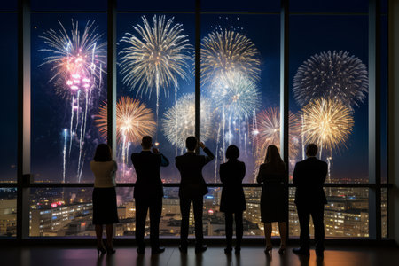 A Group of Office Staff Captivated by the Spectacular Display of New Year's Fireworks Through Their Office Windowの素材