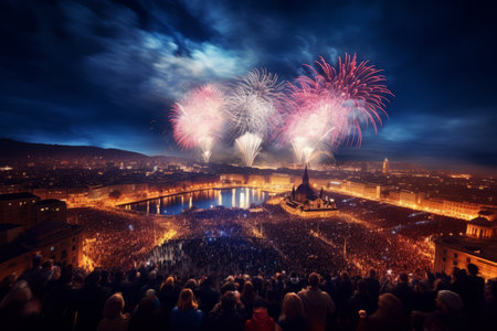 Awe-Inspiring New Year's Eve Scene of City Rooftops Crowded with People Mesmerized by the Spectacular Fireworks Display in the Night Skyの素材