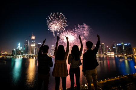 A Group of Friends Welcoming the New Year on a Rooftop, Mesmerized by the Spectacular Fireworks Display in the Night Skyの素材