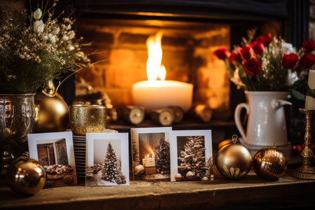 A Collection of Beautifully Crafted Christmas Postcards Displayed on a Rustic Wooden Mantel, Illuminated by the Warm Glow of Fireplaceの素材