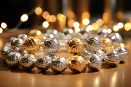 A Close-Up View of Gold and Silver Beads Strung Together to Form a Festive Necklace, Sparkling in the Light of New Year's Eve Celebrationの素材
