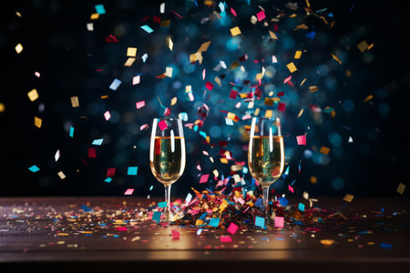 A vibrant explosion of multicolored confetti pieces scattered across a festive table, signaling the joyous arrival of the New Yearの素材