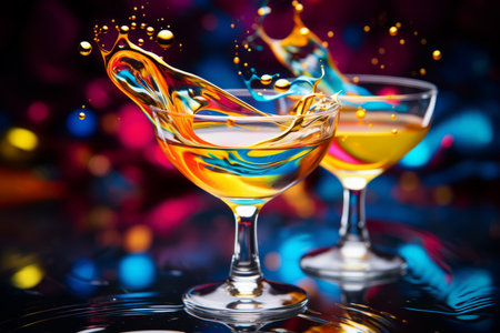 A close-up shot of a festive drink with a mesmerizing liquid swirl, reflecting the vibrant colors of New Year's Eve celebrationの素材