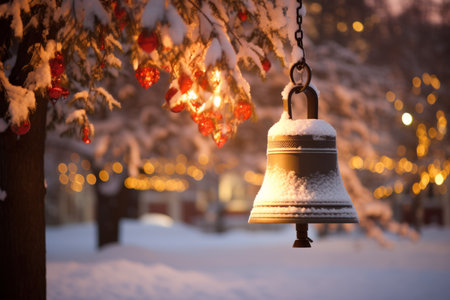 A Serene Winter Scene Featuring a Snow-Covered Church Bell Illuminated by Christmas Lightsの素材