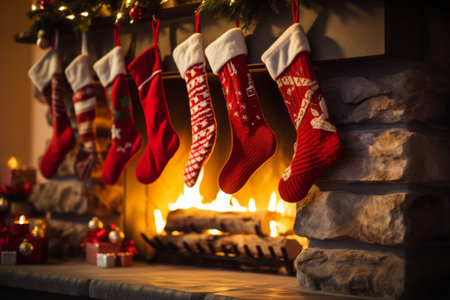 Festive Holiday Image of Comfortable Woolen Socks Warming by a Glowing Fireplace on a Cold Winter's Nightの素材