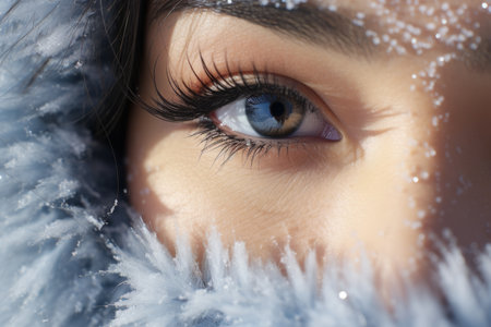 An Exquisite Macro Shot Showcasing Snowflakes Adorning Eyelashes in Winterの素材