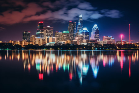 Holiday Lights Adorn the City Skyline Creating a Stunning Reflection on the Riverの素材