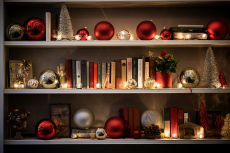 A Beautifully Decorated Bookshelf Filled with Holiday-Themed Books and Christmas Decorationsの素材