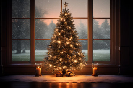 The Shadowy Outline of a Festive Christmas Tree Against a Chilled Winter Windowの素材