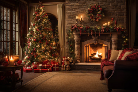 A snug family room filled with the glow of Christmas decorations and a sparkling treeの素材