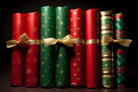 A colorful assortment of Christmas wrapping paper rolls showcasing a diverse range of holiday designsの素材