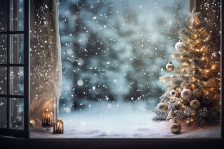 Peering through a frost-kissed window at a charming Christmas tableau with a sparkling tree and softly falling snowの素材